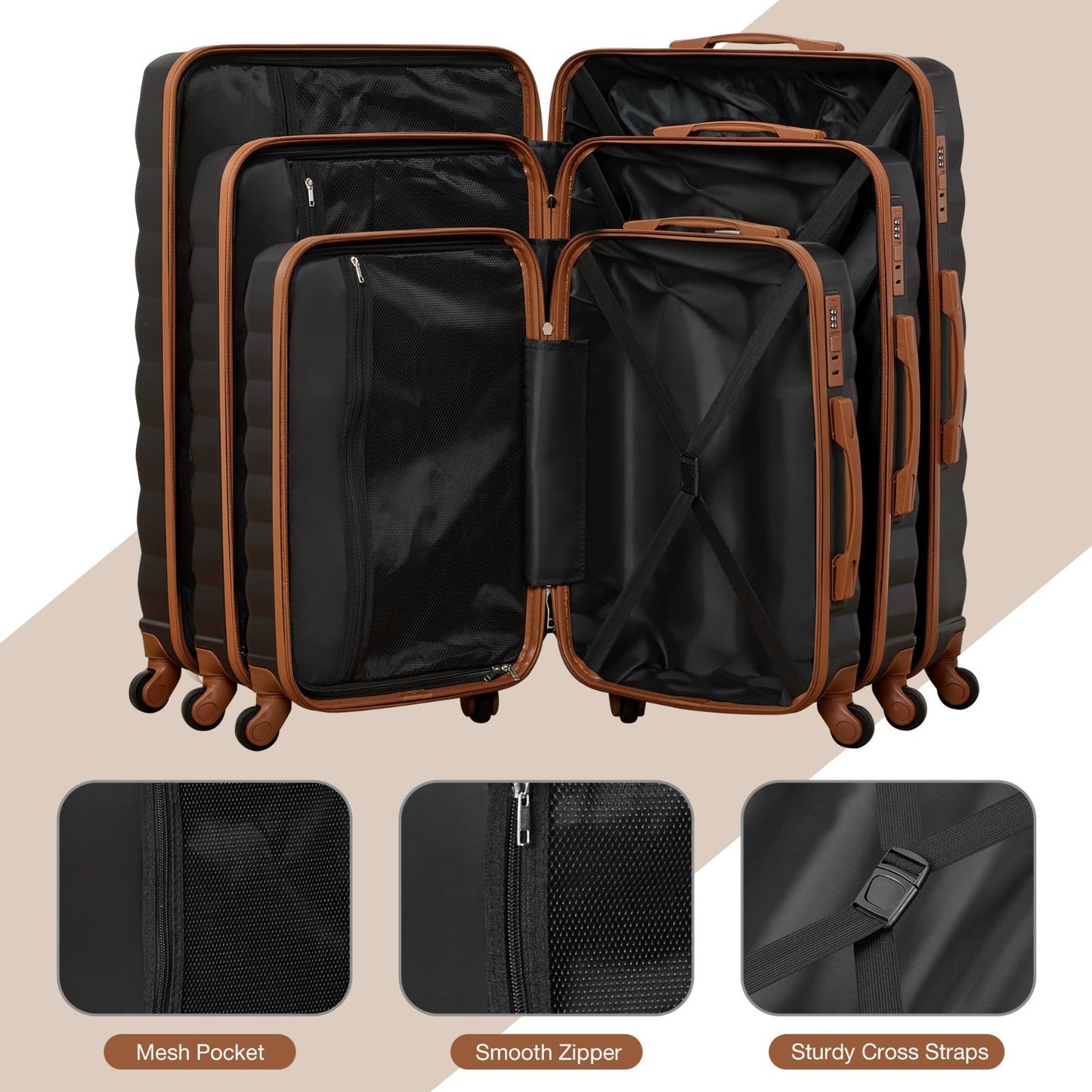 3-Piece Hard Shell Luggage Set with Spinner Wheels, 20/24/28 Inch Suitcases & Pa7