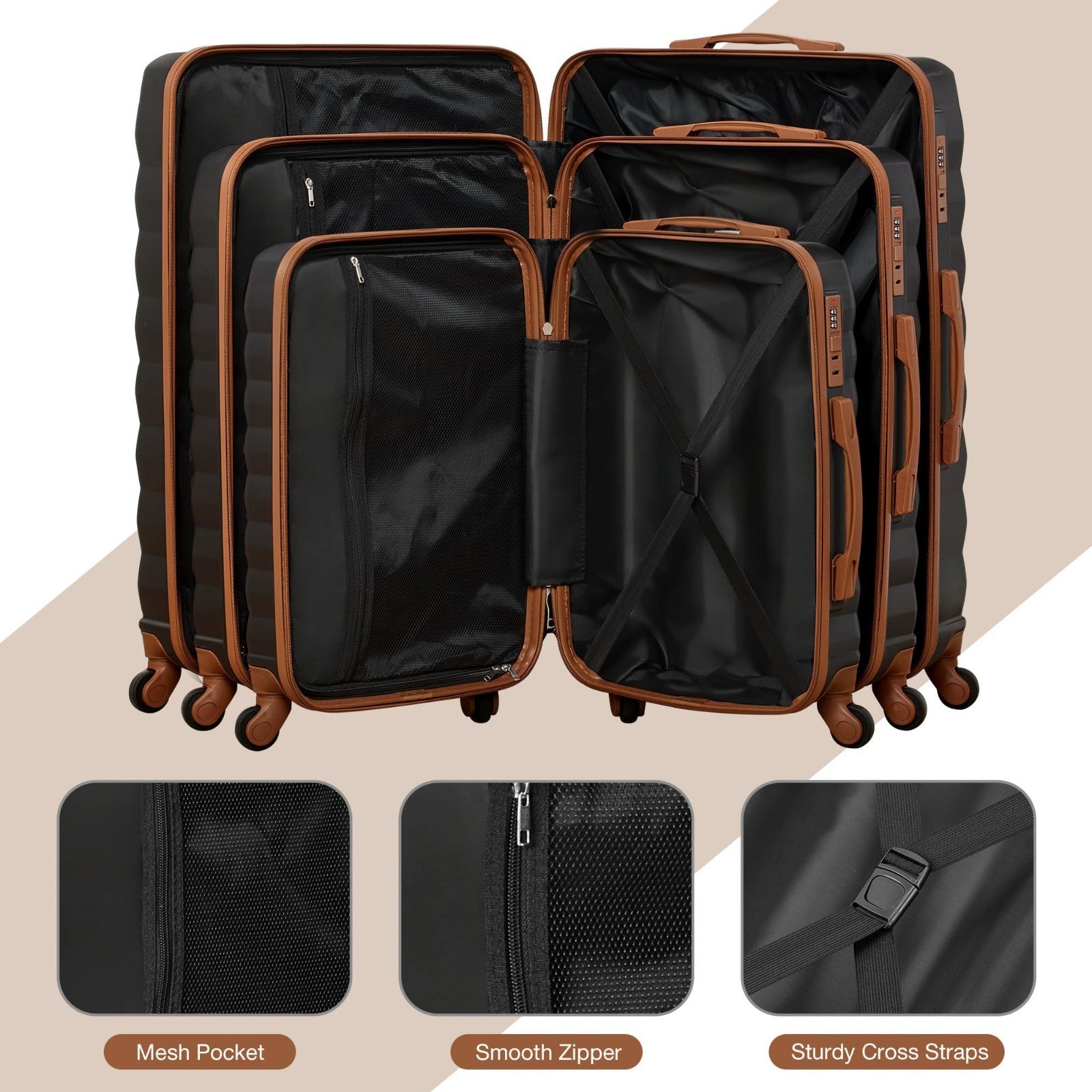 3-Piece Hard Shell Luggage Set with Spinner Wheels, 20/24/28 Inch Suitcases & Pa7