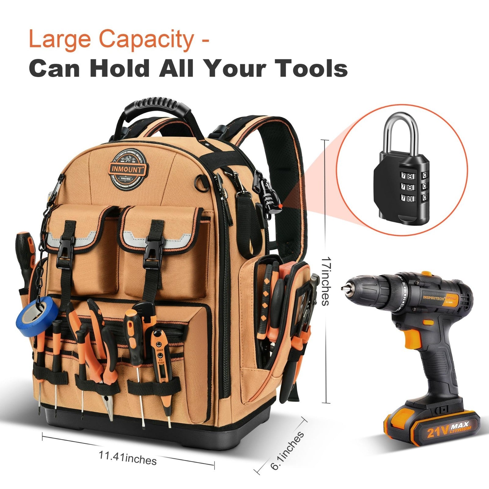 Heavy Duty Tool Backpack 18.5"   56 Pockets, Molded Bottom, Durable Brown Storag3