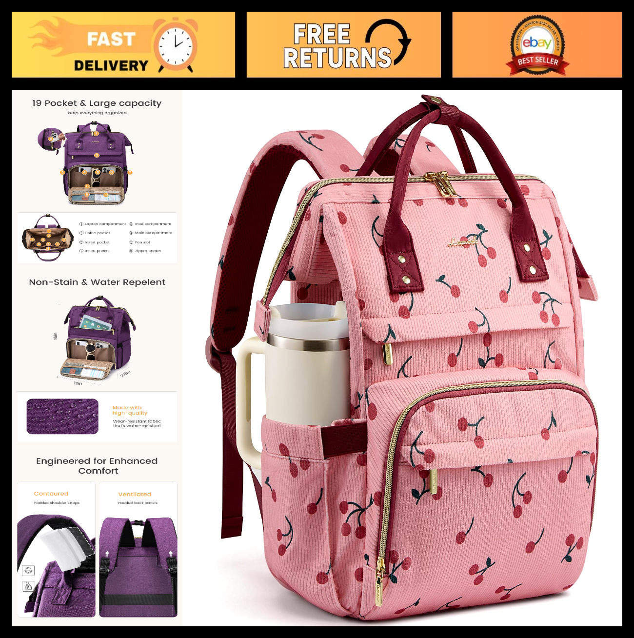Stylish 15.6" Waterproof Laptop Backpack with Tumbler Holder   Travel, Work, Col0
