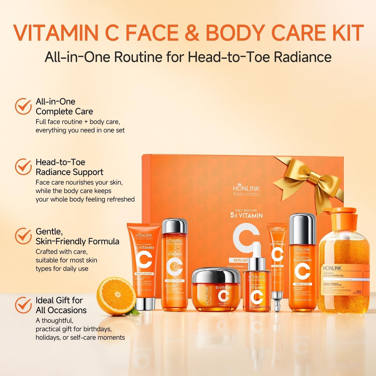 Vitamin C Skincare Gift Set for Women   Facial Care + Exfoliating Body Wash, Hyd4