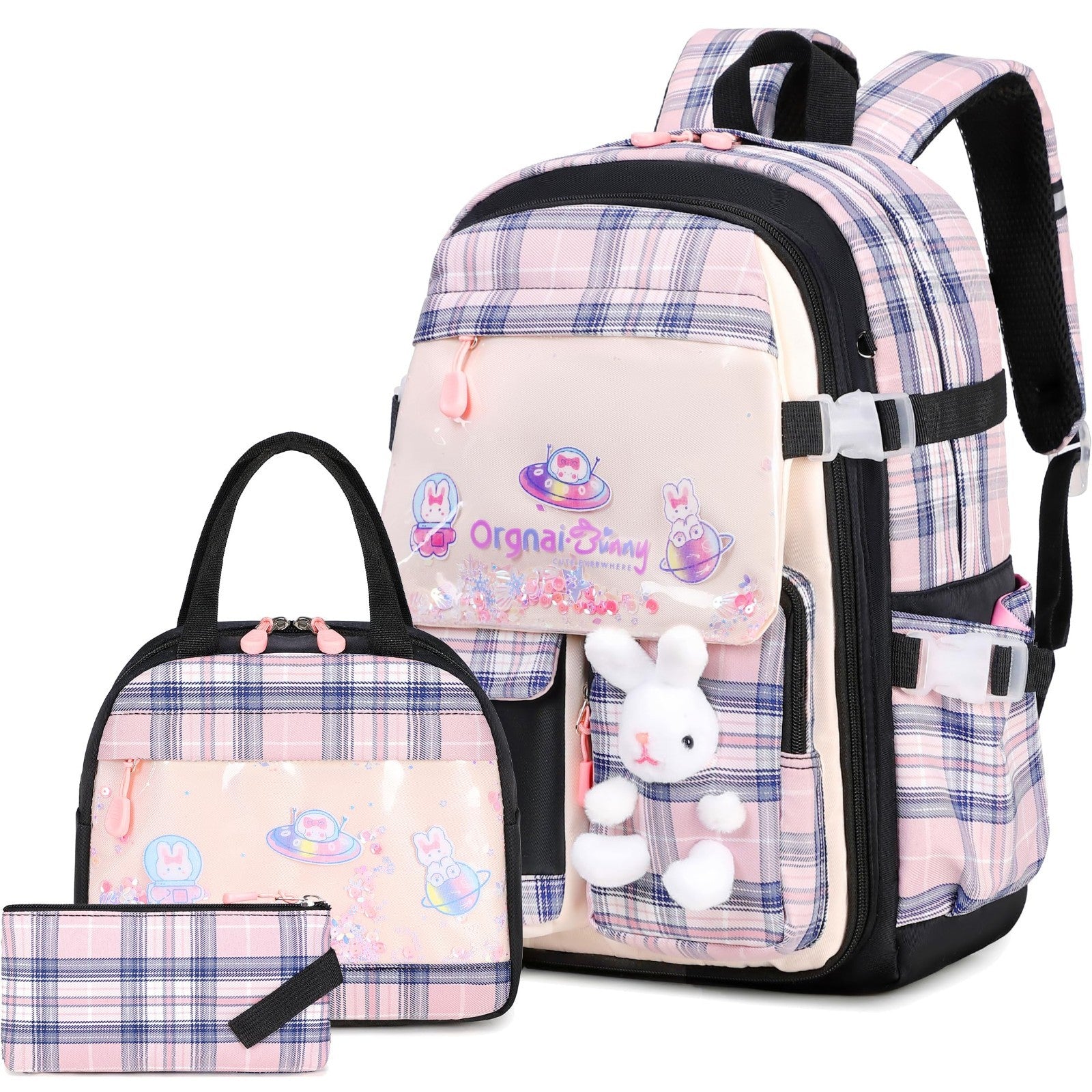 Kawaii Bunny Girls Backpack Set 3PCS   School Bag with Lunch Box & Pencil Case,0