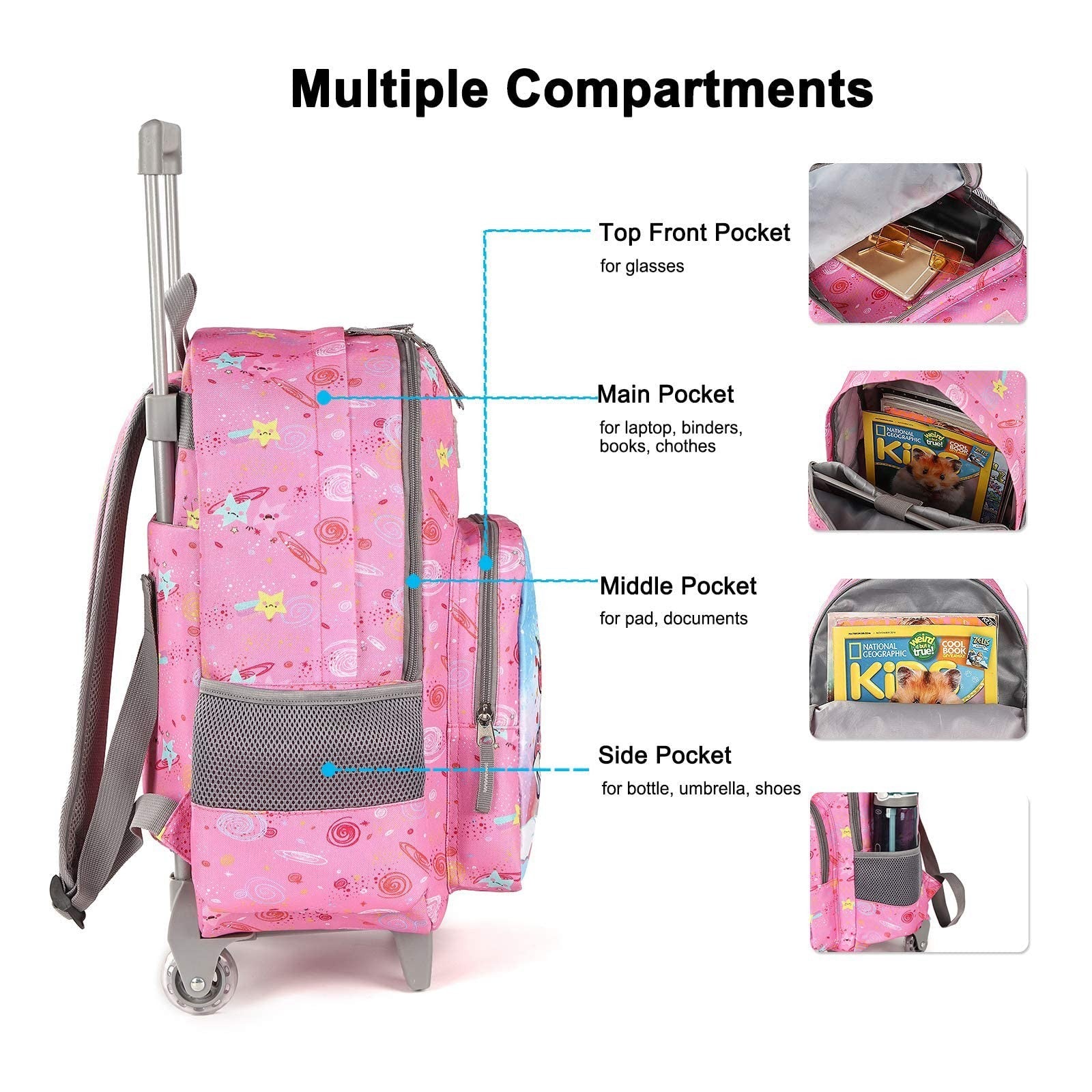 Wheeled Kids Backpack 18" with Lunch Bag, Double Handle, Pink Unicorn Design4