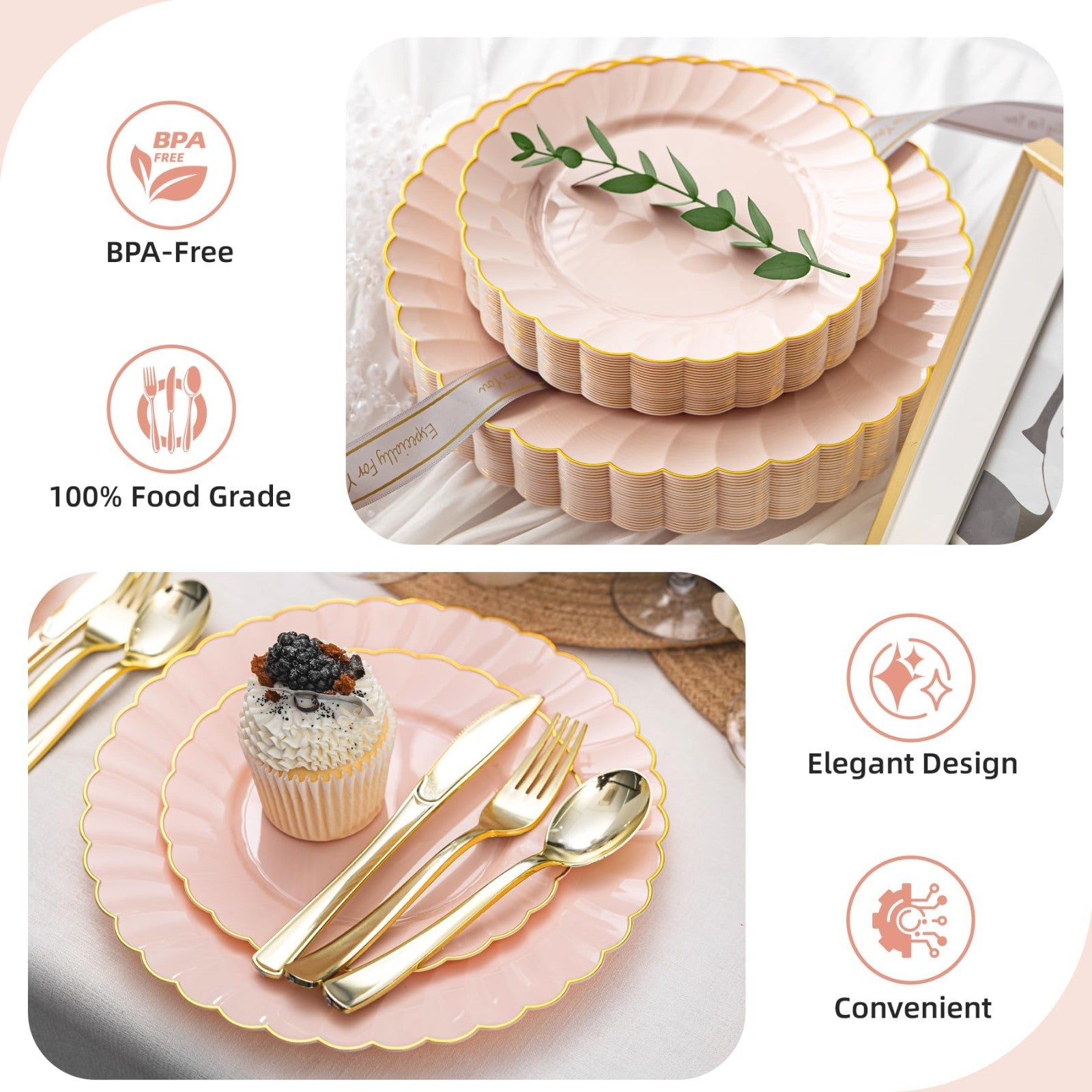 240PCS Pink Gold Scalloped Plastic Plates & Silverware Set for 48 Guests - Fancy4