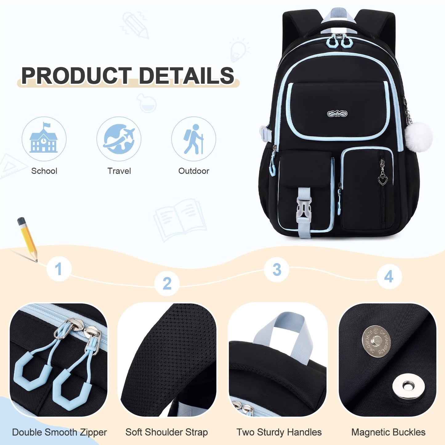 3PCS Girls School Backpack Set with Lunch Box & Pencil Pouch   Stylish & Durable4