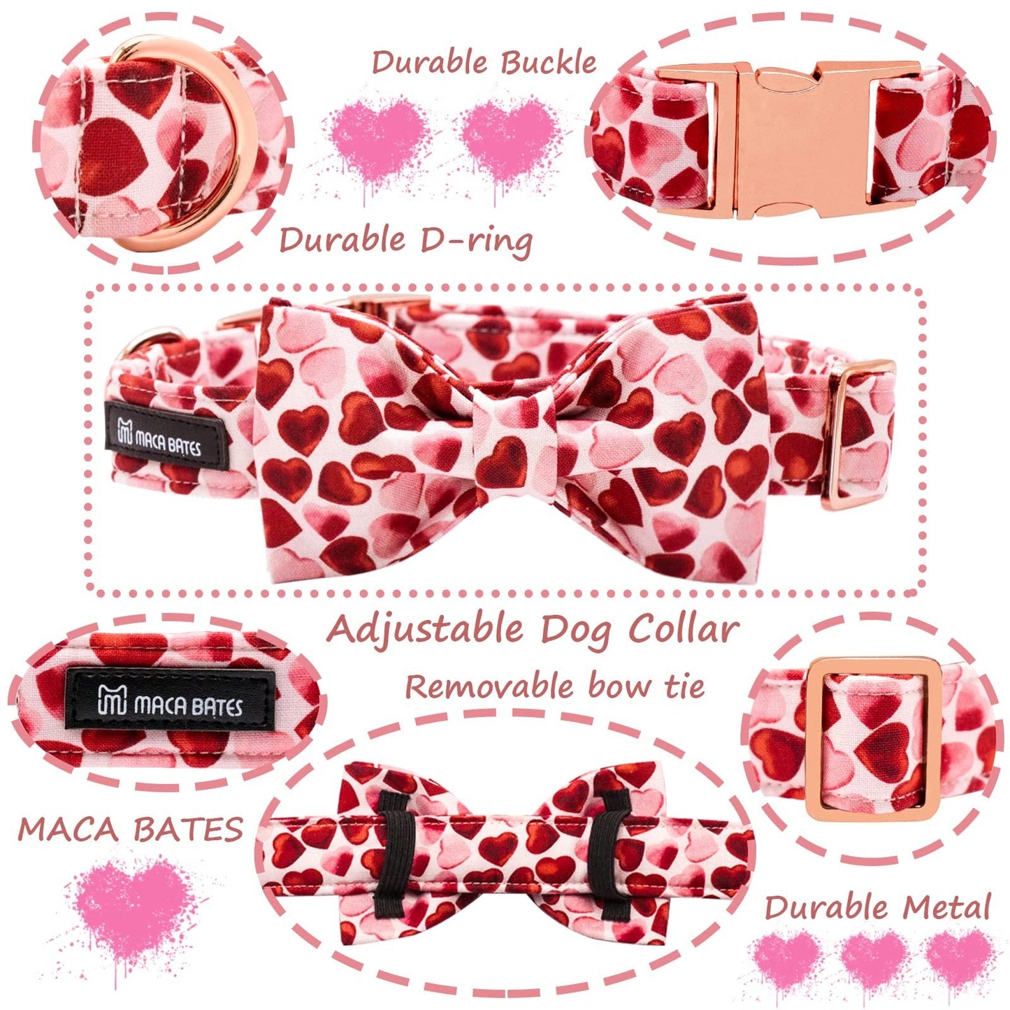 Valentine's Day Dog Collar with Bow - Adjustable Red Love Hearts for Small Dogs3