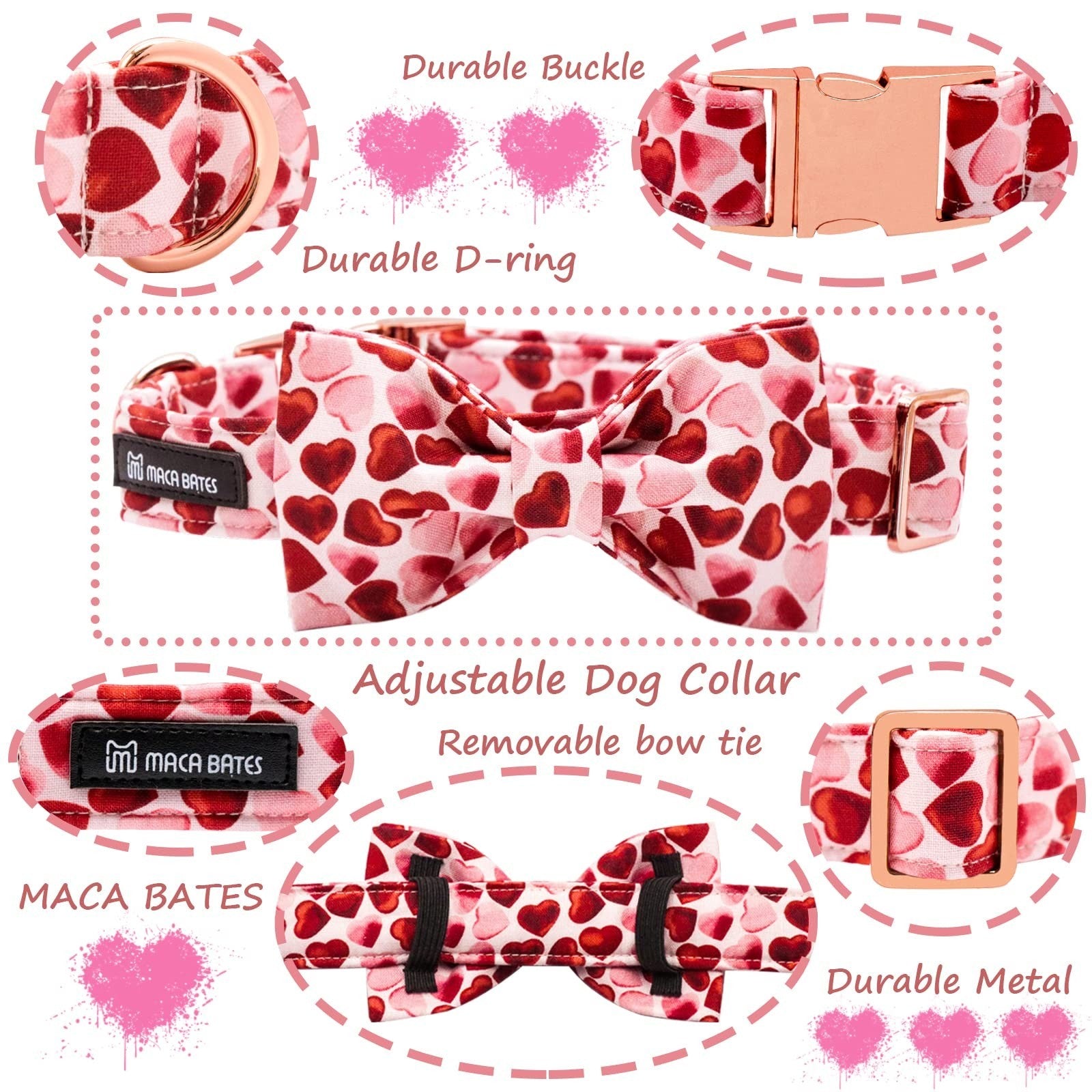 Valentine's Day Dog Collar with Bow - Adjustable Red Love Hearts for Small Dogs3