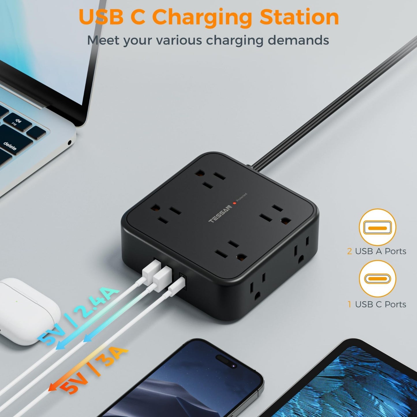 Surge Protector Power Strip 900J Protection, 25 Ft Extension Cord, Black4
