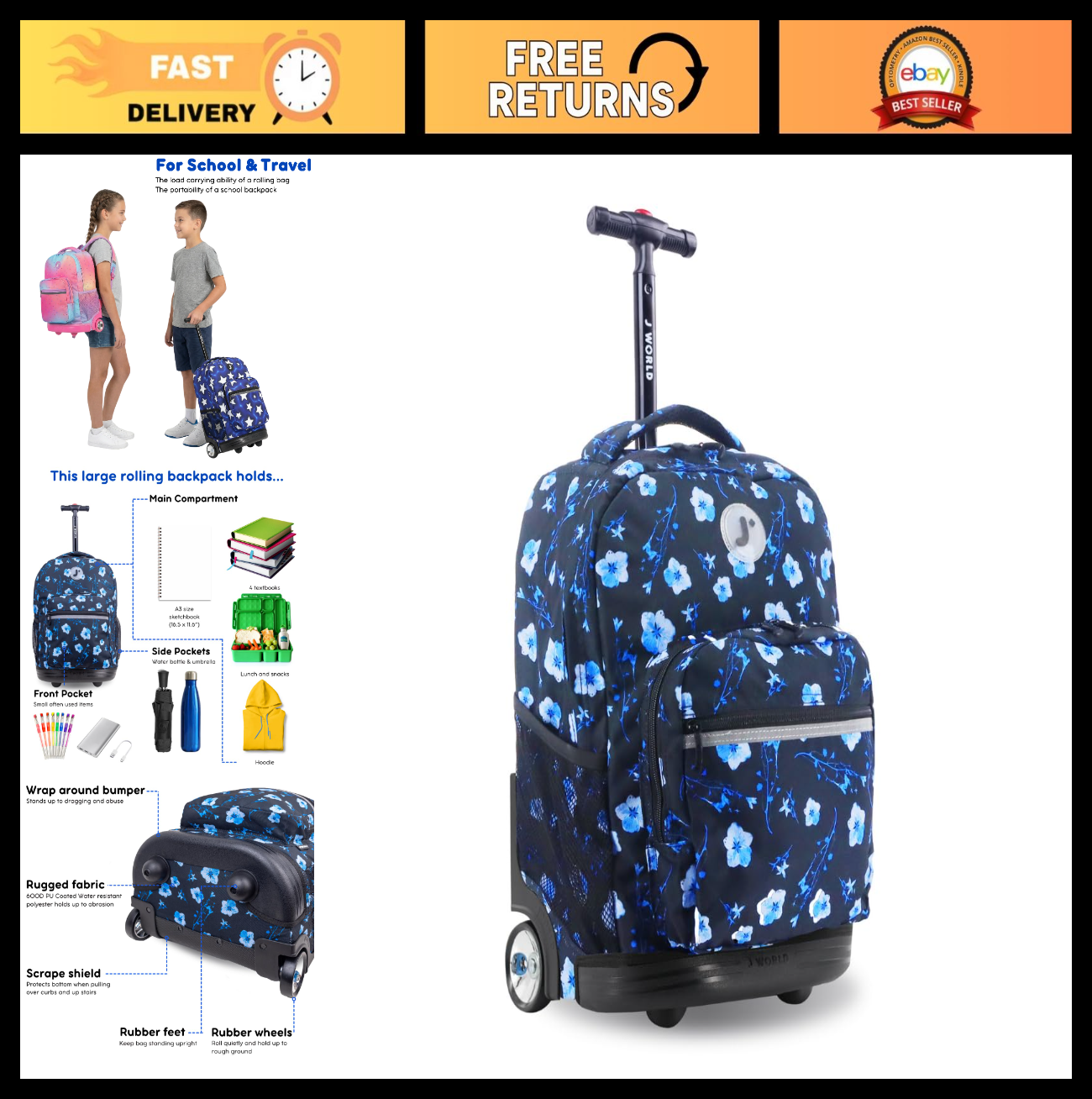 Kids Rolling Backpack with Wheels, 18" School Bookbag for Girls & Boys, Night Bl0