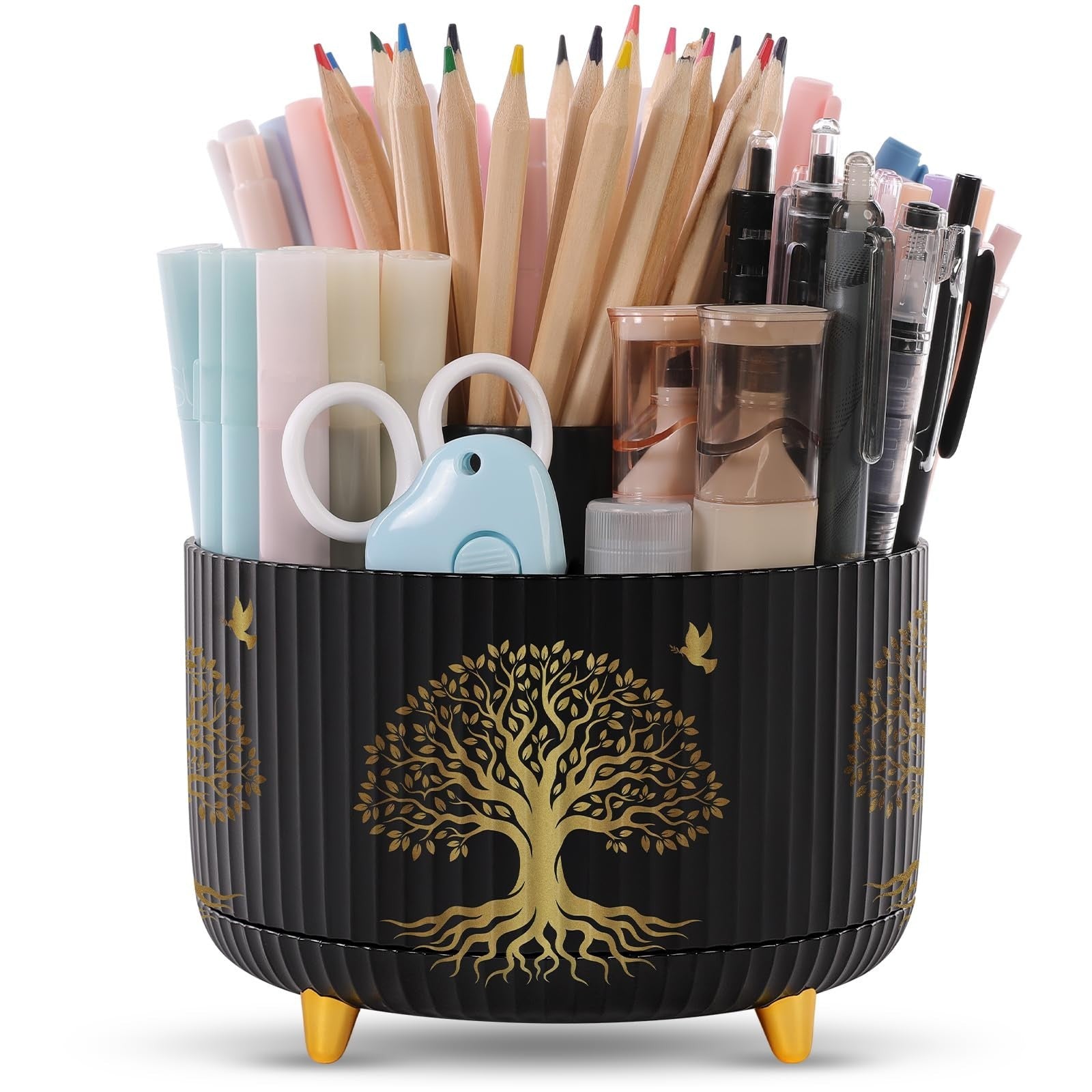 360° Rotating Desk Pen Holder with 5 Slots   Tree of Life Design, Organizer1