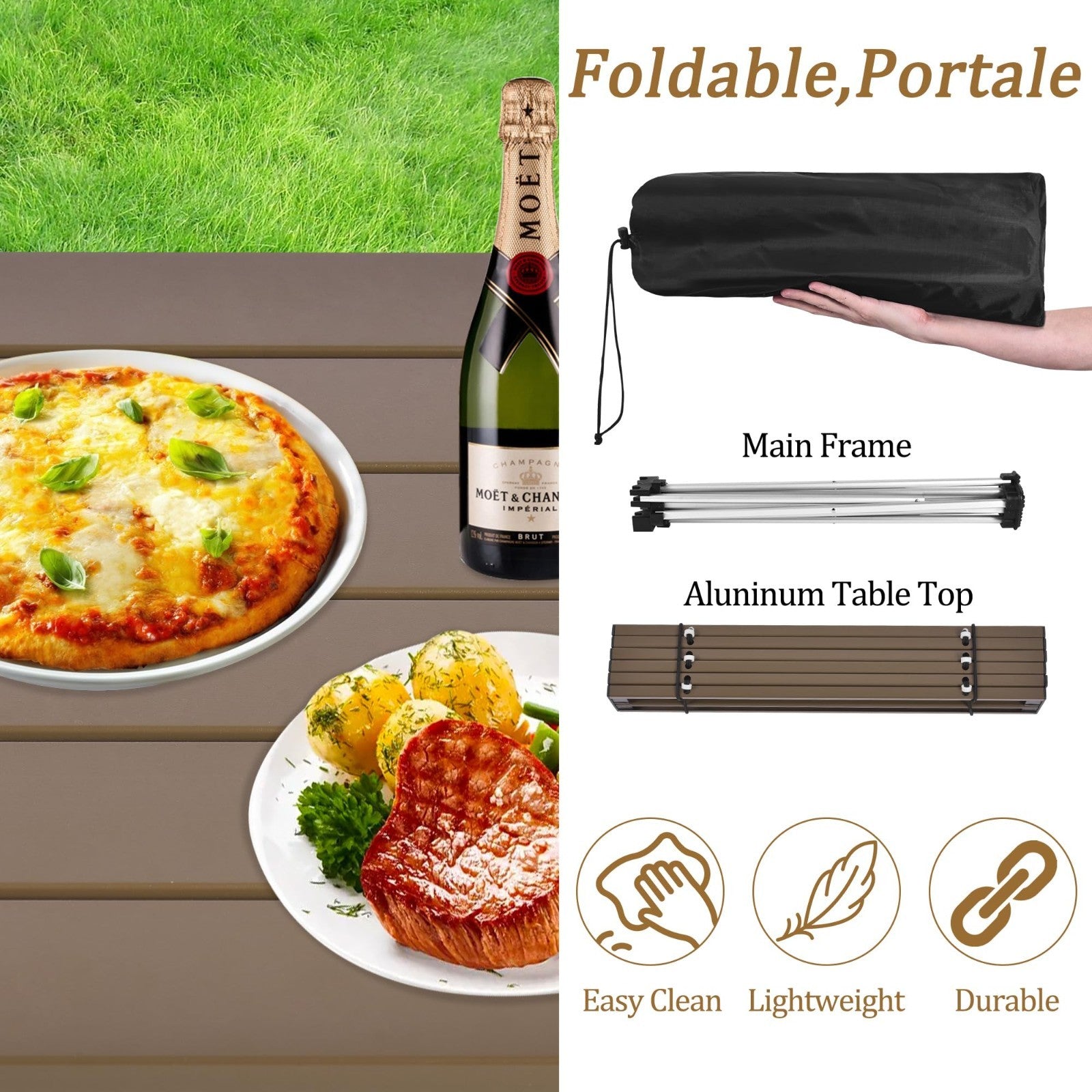 Portable Folding Camping Table - Lightweight Aluminum Top for Outdoor BBQ, Picni3