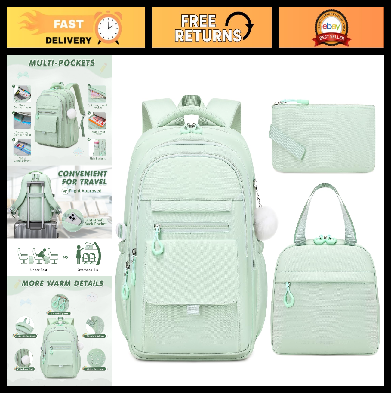 Stylish Girls Backpack Set with Lunch Box & Pencil Case   Perfect for School!0