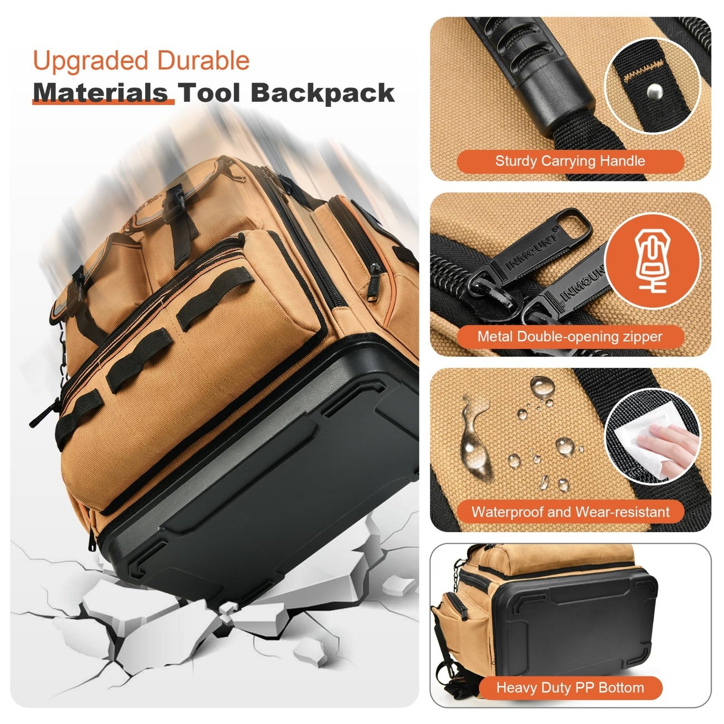 Heavy Duty Tool Backpack 18.5"   56 Pockets, Molded Bottom, Durable Brown Storag1