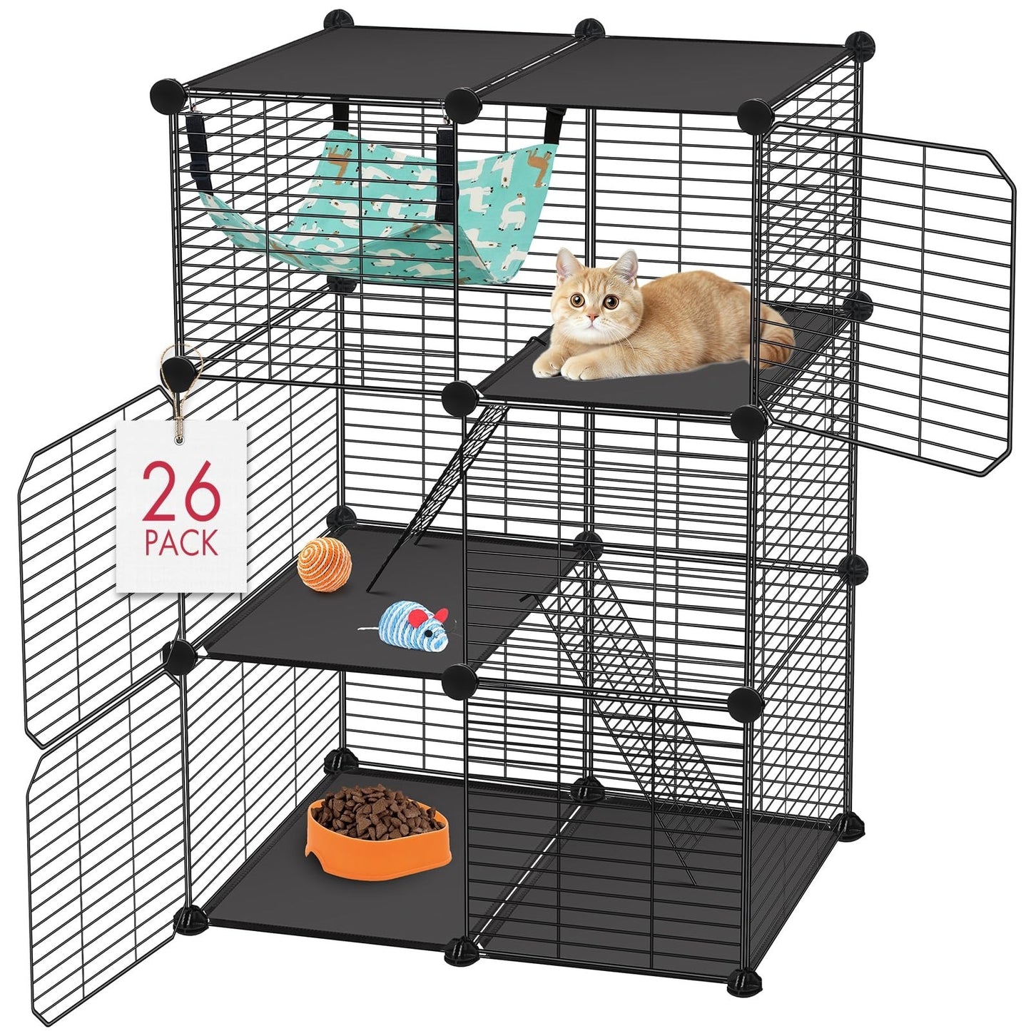 3 Tier Cat Cage Enclosure for Kittens, Indoor/Outdoor Playpen with Hammock, 24"x1