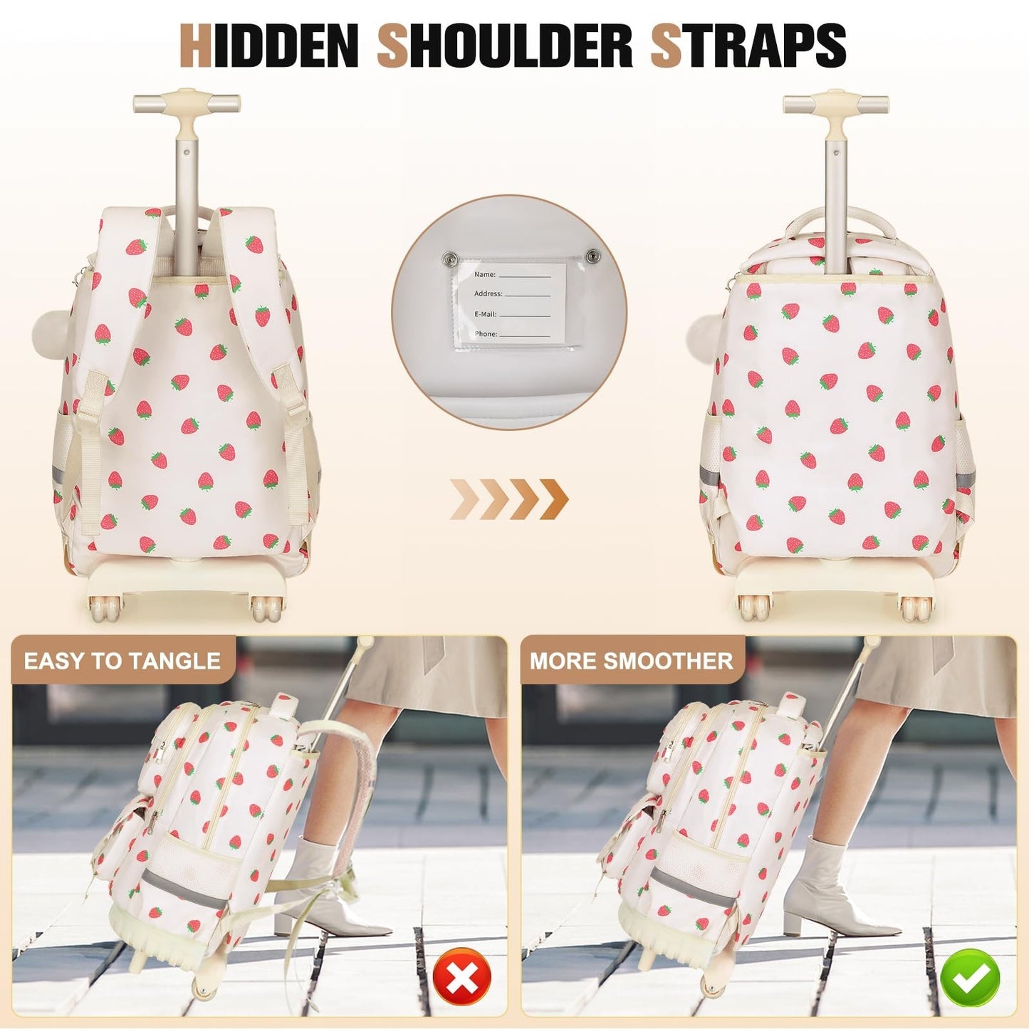 Rolling Backpack with Wheels for Girls, Lunch Bag & Pencil Pouch, School Travel4