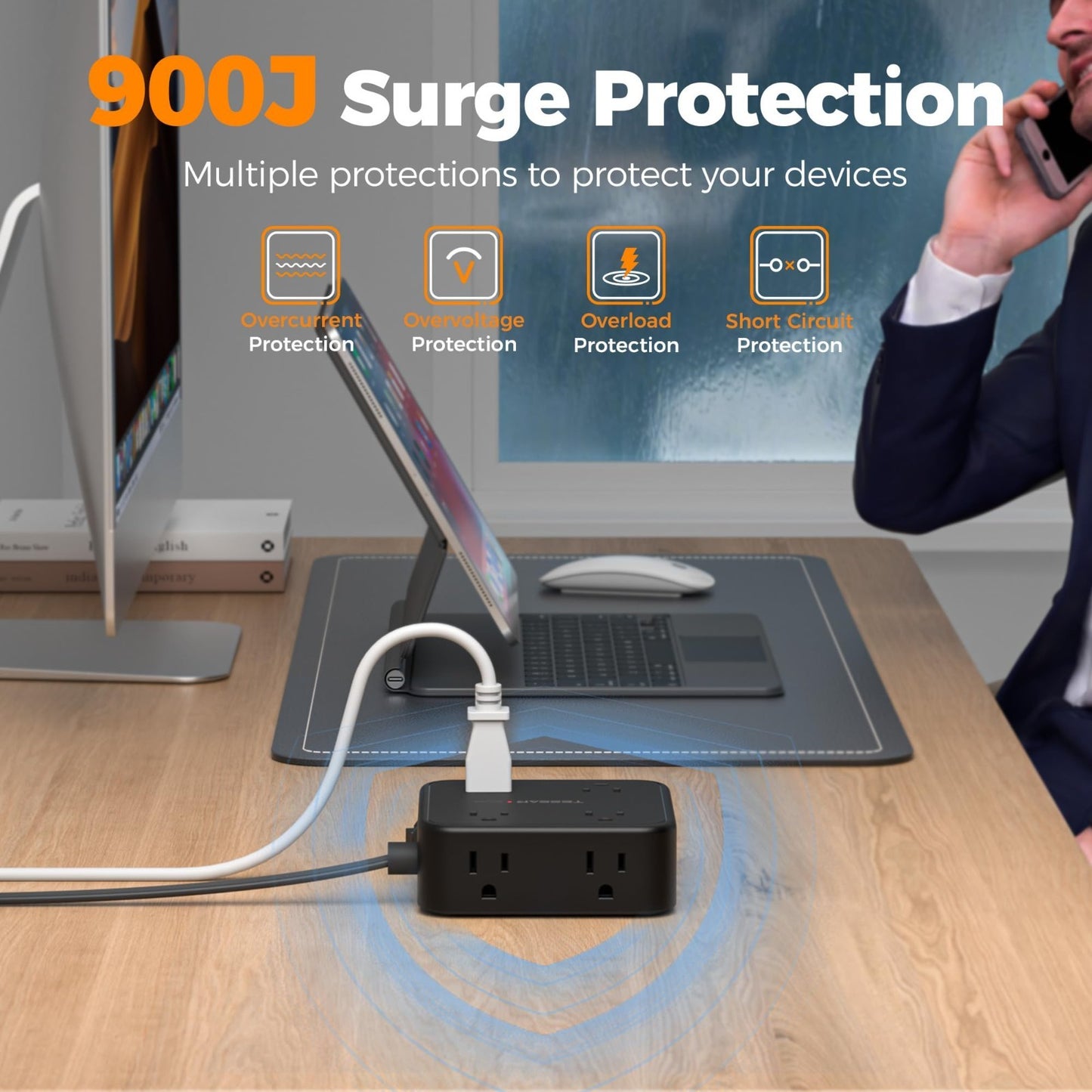 Surge Protector Power Strip 900J Protection, 5 Ft Extension Cord, Black5