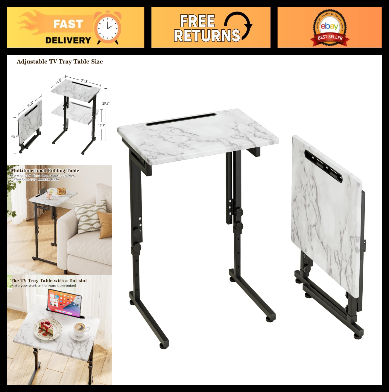 Folding C-Shaped TV Tray Table - Adjustable, Slide Under Couch, No Assembly, Mar0