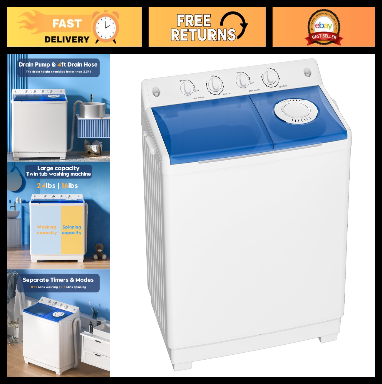 Compact Twin Tub Portable Washing Machine, 40lbs Capacity, Semi Automatic Washer0