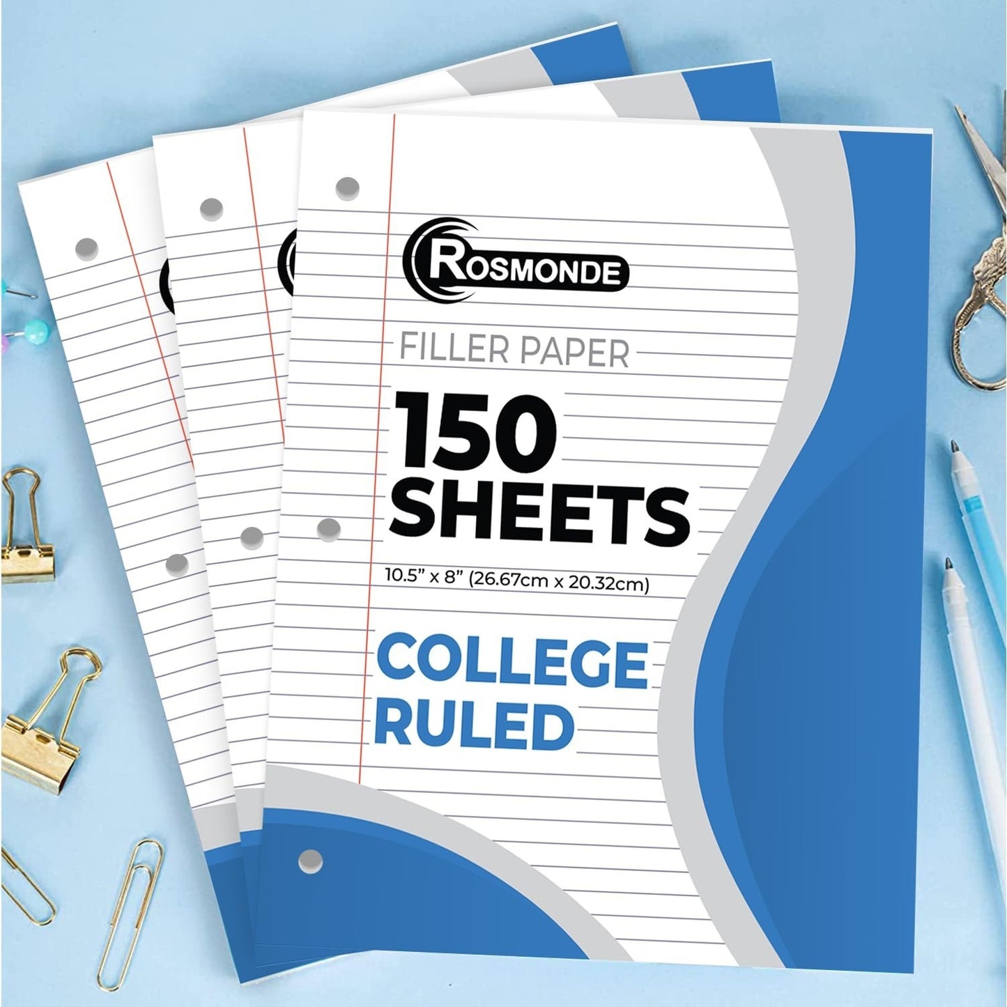450 Sheets College Ruled Loose Leaf Paper, 3 Pack, 8" x 10.5", 3 Hole Punched Fi7
