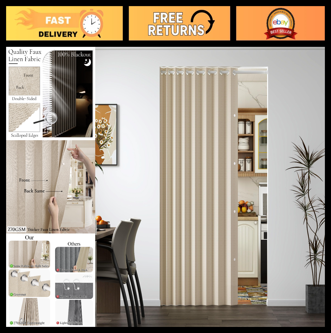 100% Blackout Magnetic Folding Door Curtain, Accordion Closet Panel 80" Sand W520