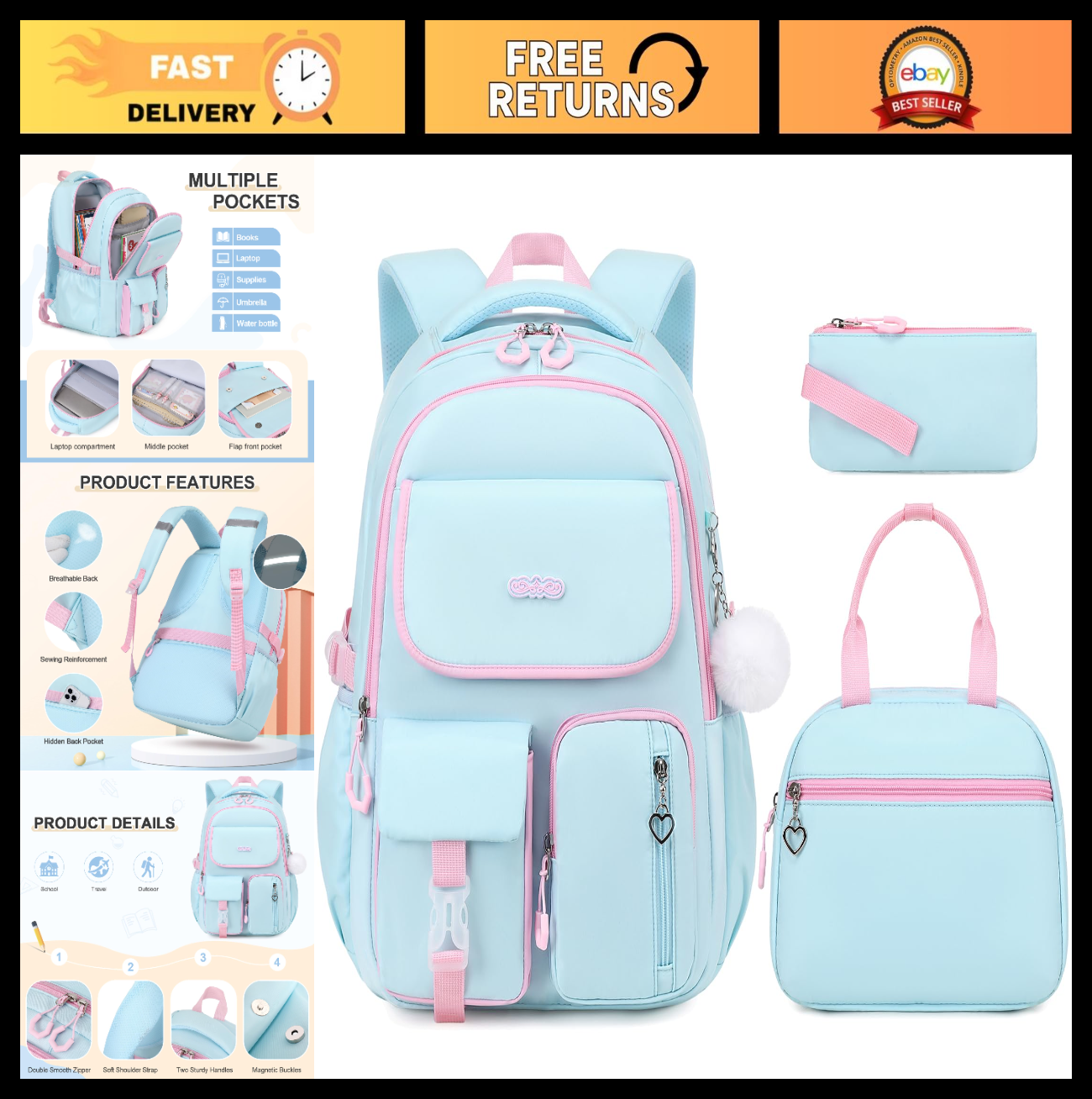3PCS Girls School Backpack Set with Lunch Box & Pencil Pouch   Stylish & Durable0
