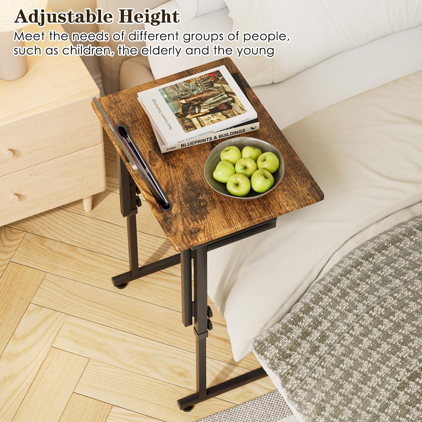 Adjustable Folding TV Tray Table - C-Shaped End Table, 6 Height Settings, Foldab6