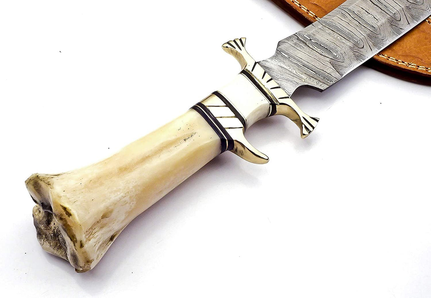 Custom Handmade Damascus Steel Hunting Knife with Camel Bone Handle - Unique Gif8
