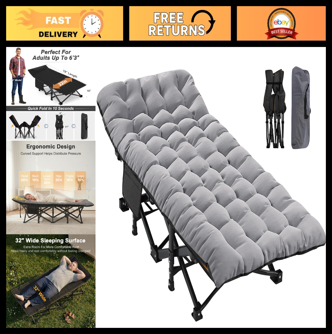 XXL Folding Camping Cot for Adults   32" Wide, 900 lb Capacity, Sturdy Frame, Ma0