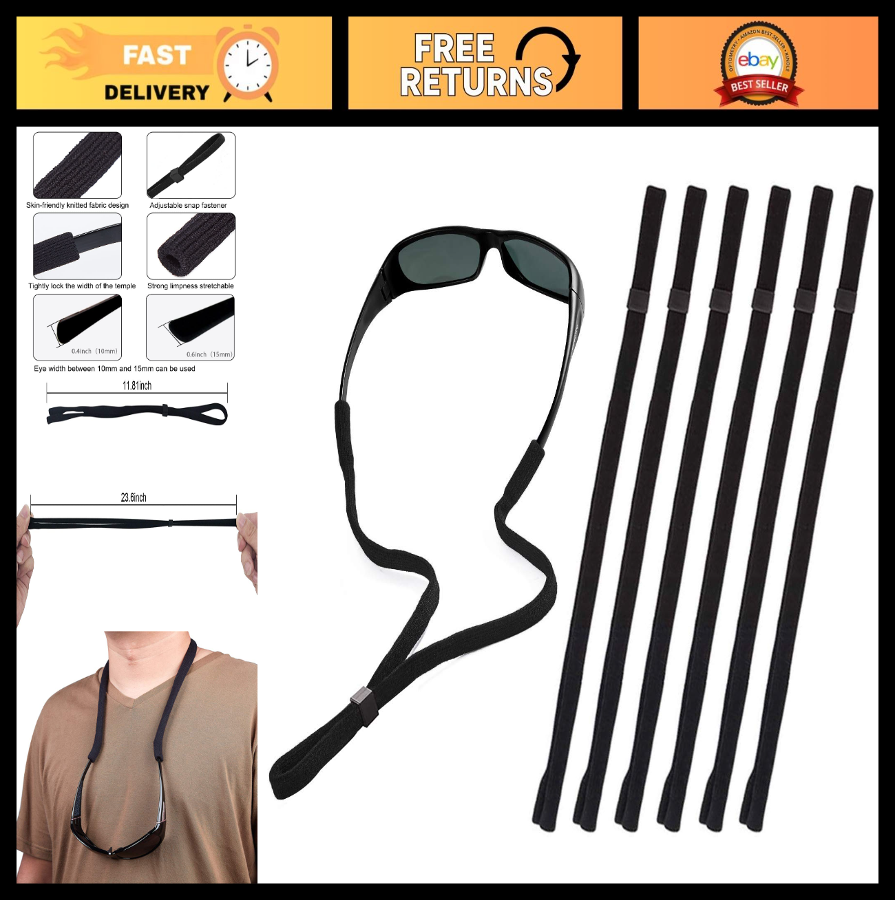 6-Pack Eyeglass Straps - Universal Eyewear Lanyard Retainer Cord for Sports, Rea0
