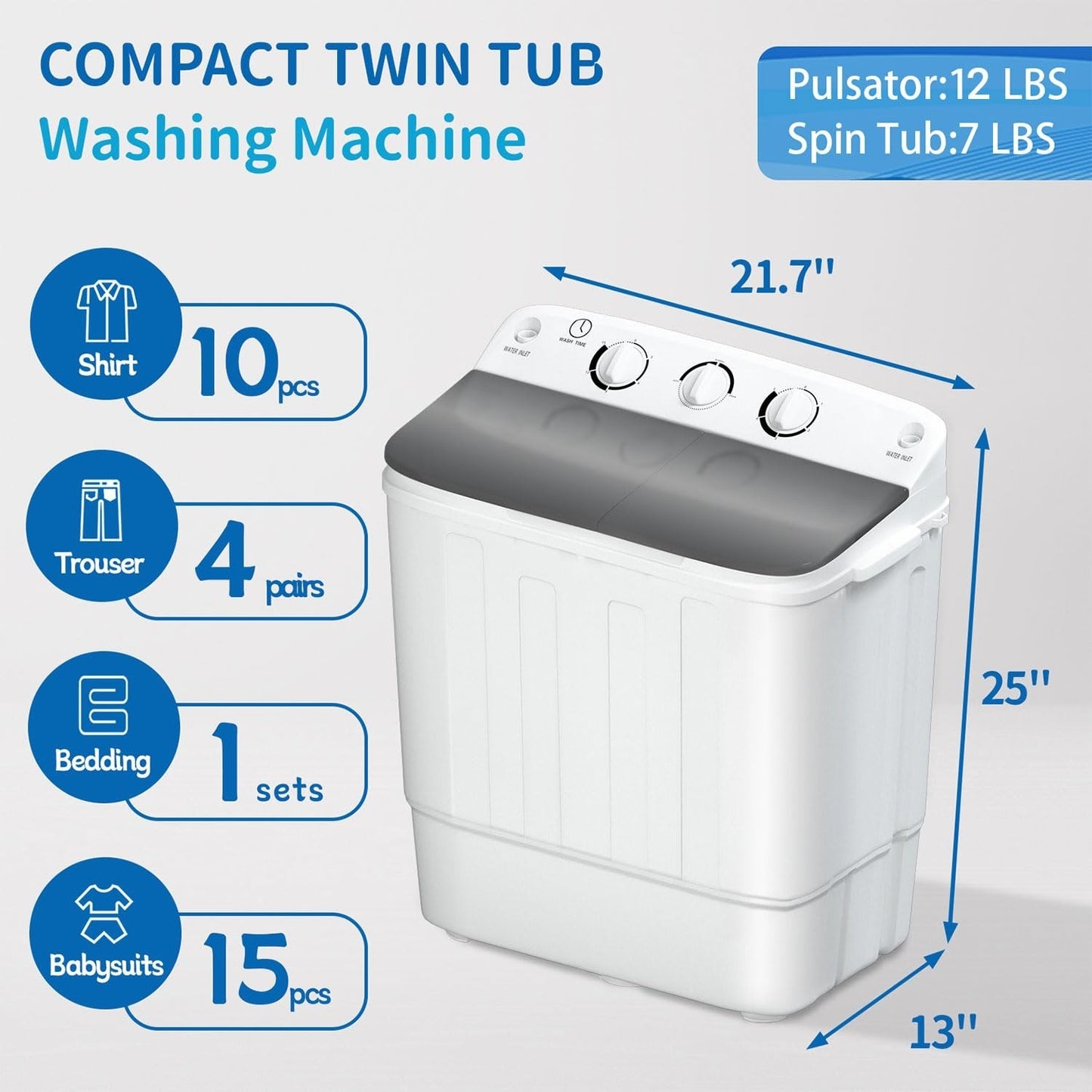 Compact Twin Tub Washing Machine 19lbs with Drying Rack & Hangers, 1500rpm Mini2