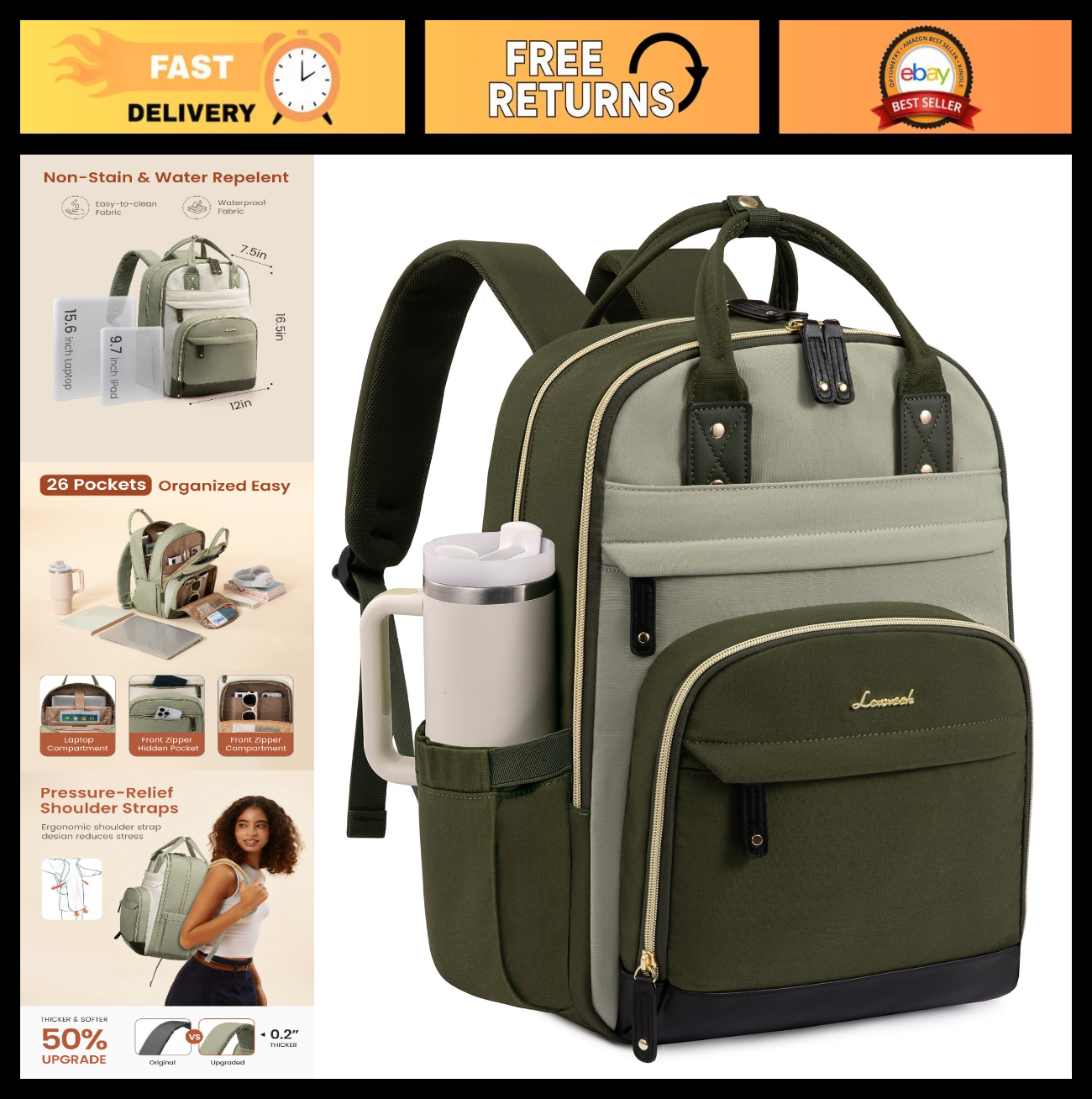 Stylish 15.6" Laptop Backpack with Cup Holder, Travel & Work Bag for Women & Men0