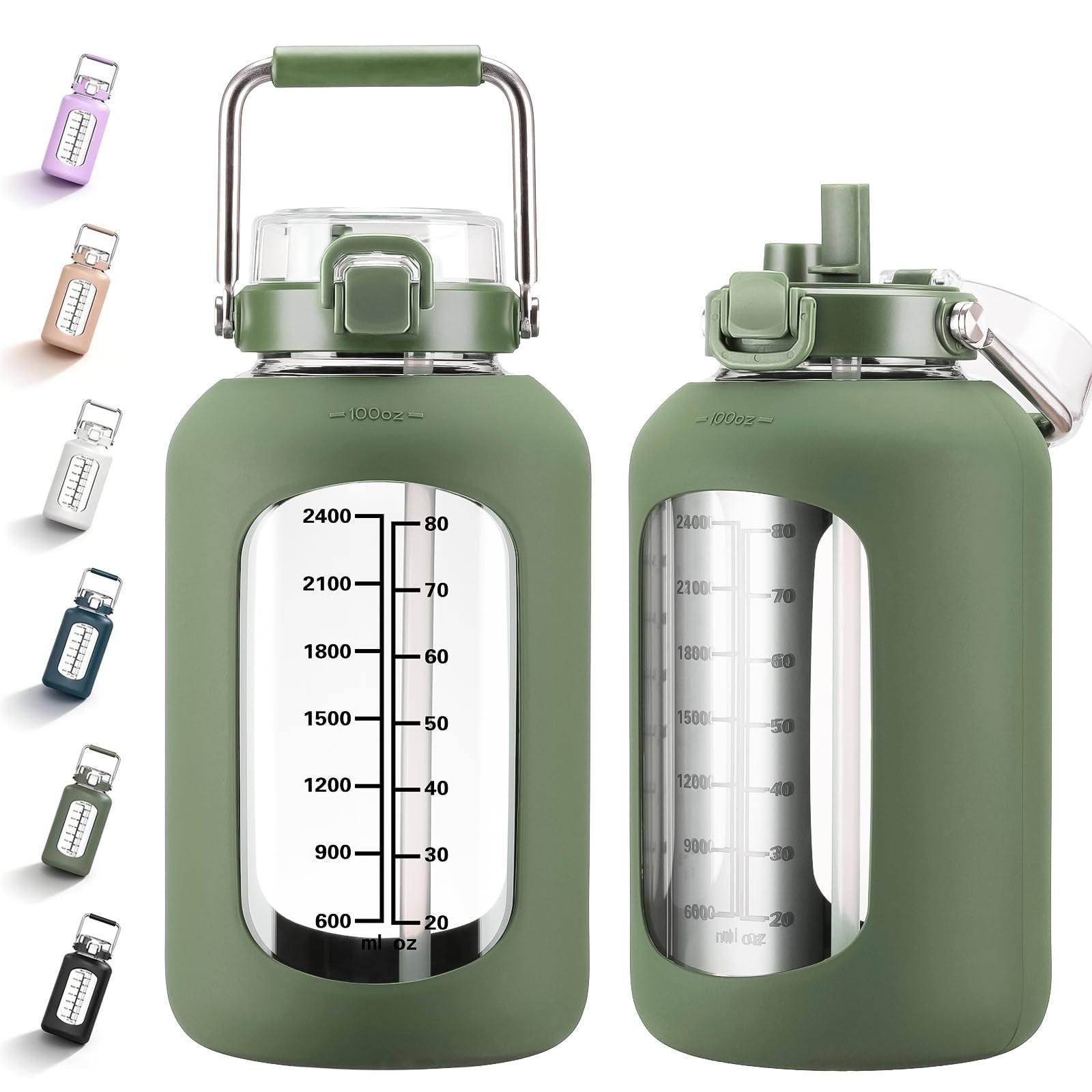 100oz BPA-Free Glass Water Bottle with Time Marker & Silicone Sleeve - Large 3L1