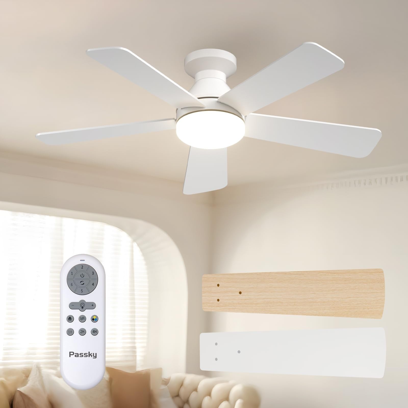42" White Low Profile Ceiling Fan with Lights & Remote   Dimmable, Quiet Motor,1