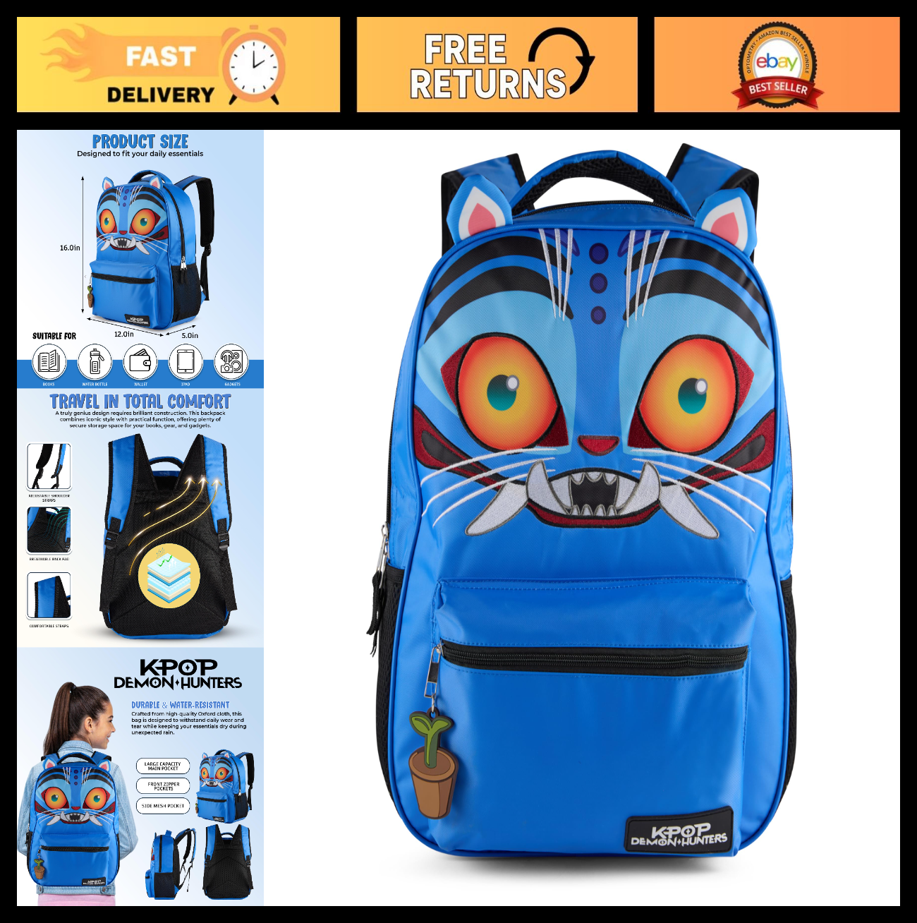 K Pop Demon Hunters 16" Girls Backpack   3D Ears, Embroidery, Rubber Charm0