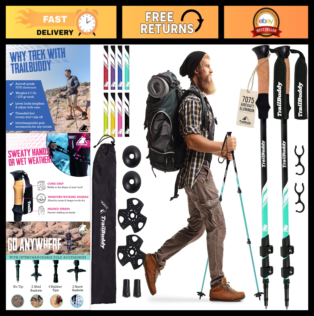 Lightweight Collapsible Trekking Poles for Hiking, Travel & Balance - Adjustable0