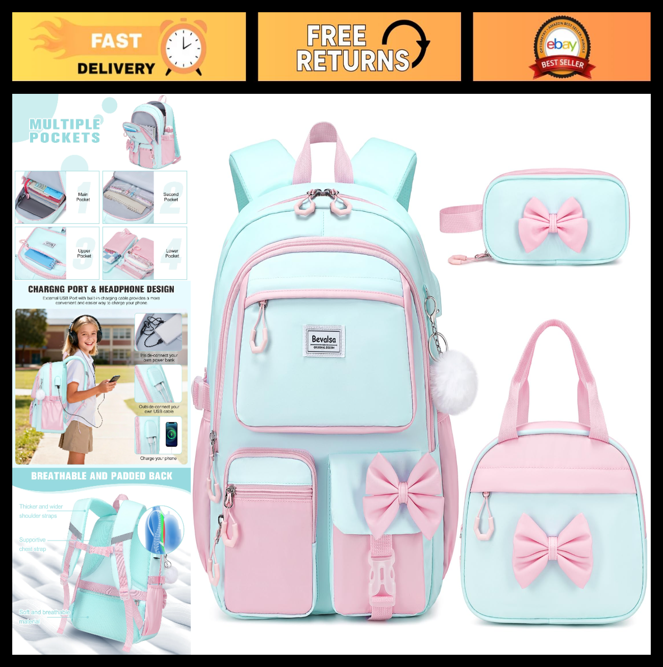 Cute Bow Backpack for Girls   School Bag Set with Lunch Bag & Pen Case0