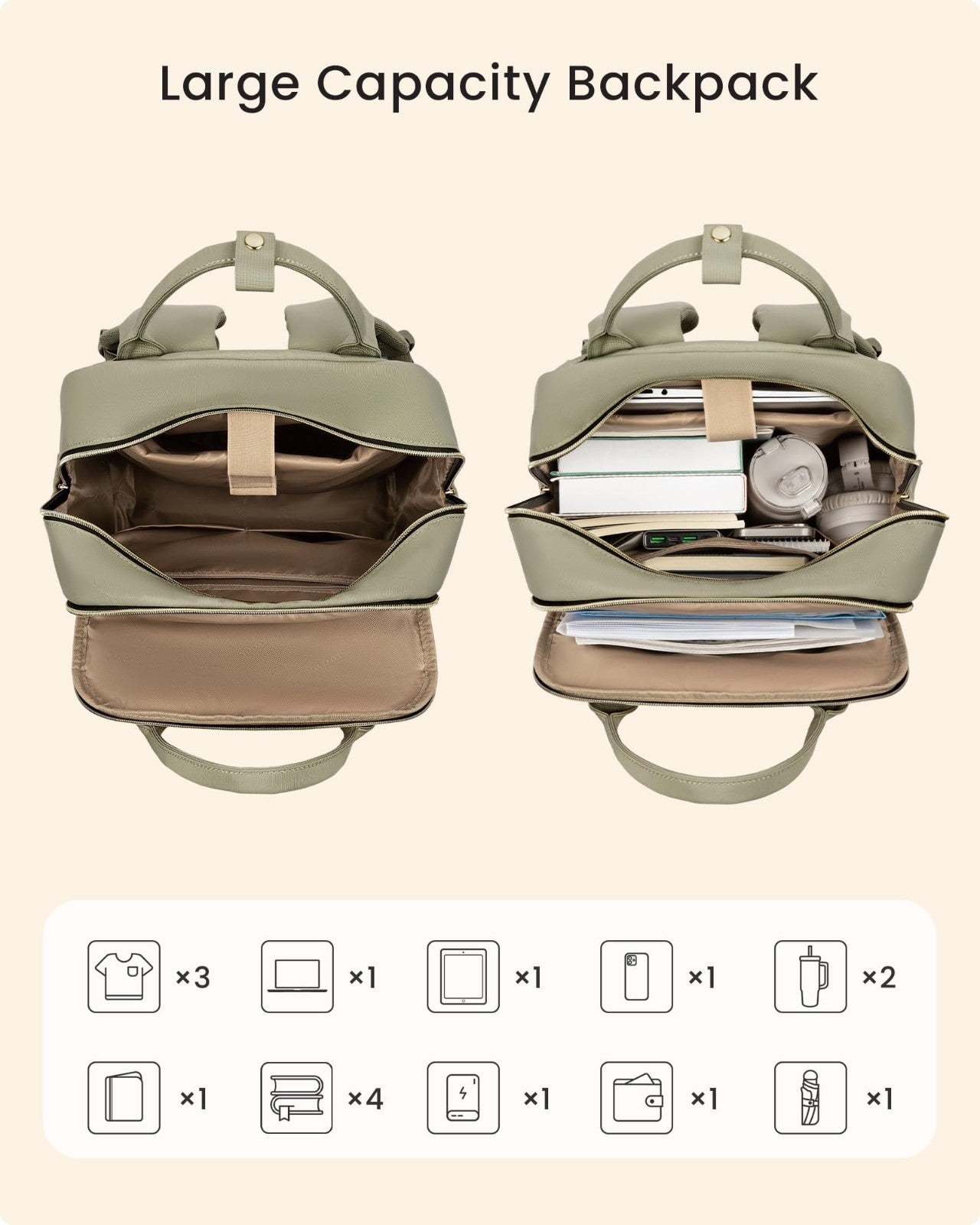 Stylish 15.6" Laptop Backpack with Tumbler Holder, Waterproof College Bag, Beige4