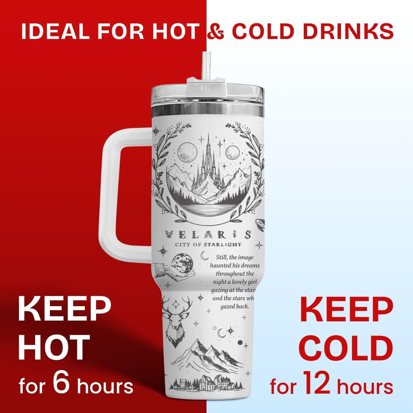 40oz Insulated Tumbler with Handle & Straw   Glowing Night Sky, Mountains, Deer4
