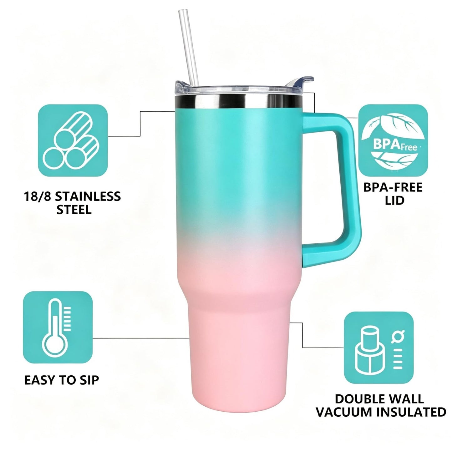 40 oz Insulated Tumbler with Handle & Straw   Leak Proof Travel Mug, Hot & Cold3