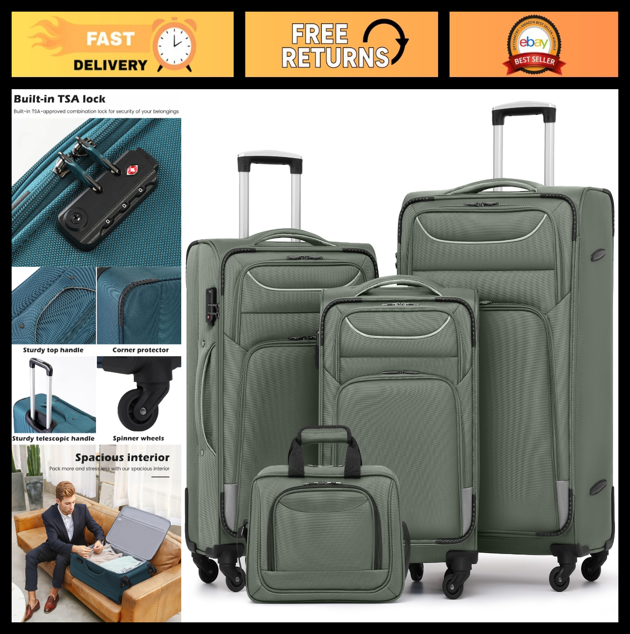 4-Piece Softshell Luggage Set with Tote | TSA Lock, Spinner Wheels, Durable 16800