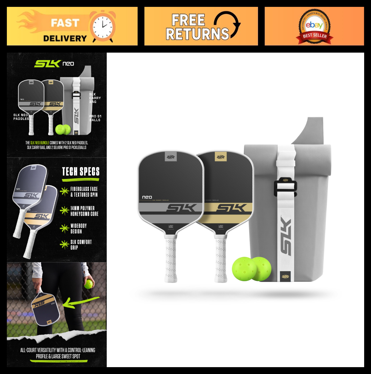 Set of 2 Pickleball Paddles with Balls & Sling Bag | Graphite/Fiberglass Rackets0