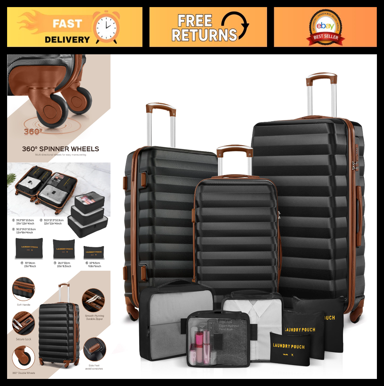 3 Piece Luggage Set - 20" 24" 28" ABS Hardshell Suitcases with Spinner Wheels &0