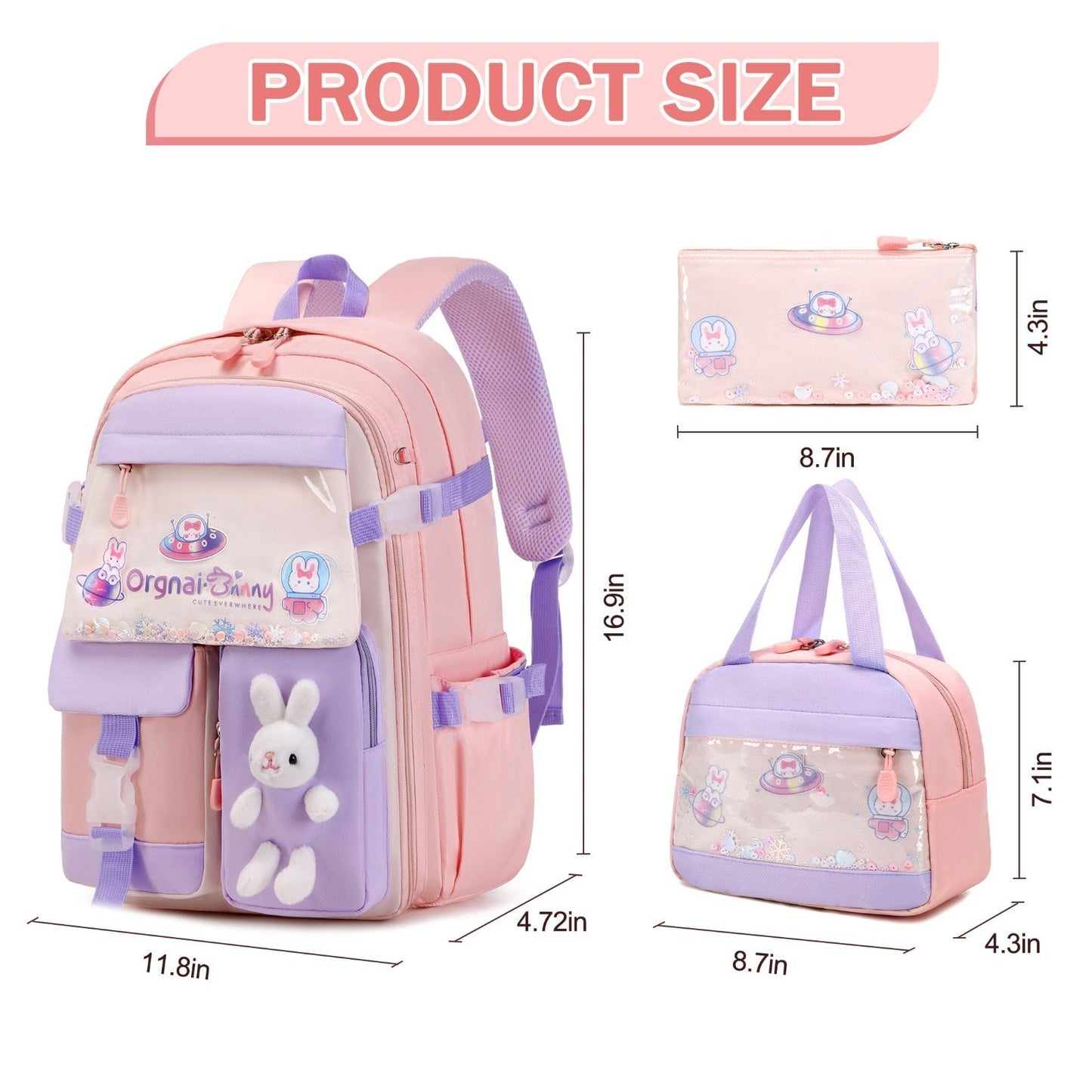 Kawaii Bunny Girls Backpack Set   3PCS School Bag with Lunch Box & Pencil Case,2