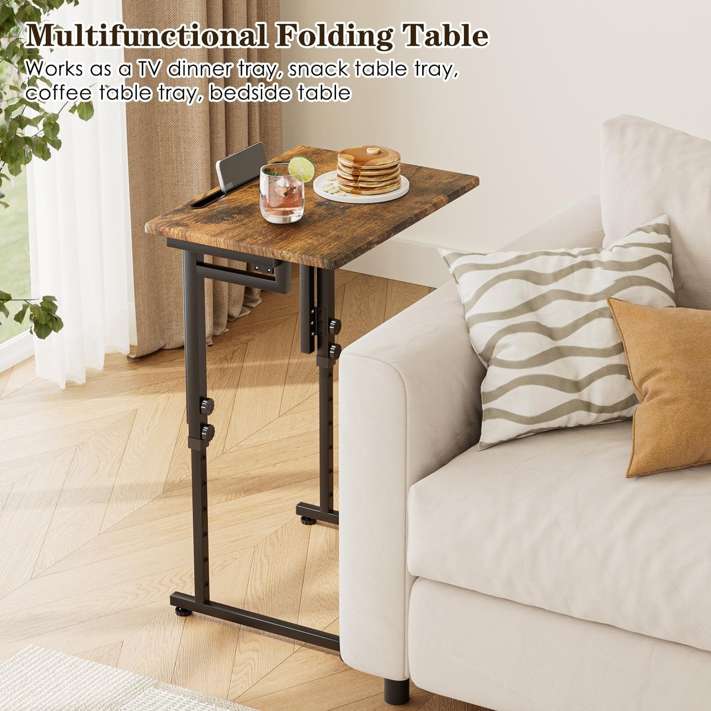 Adjustable Folding TV Tray Table - C-Shaped End Table, 6 Height Settings, Foldab3