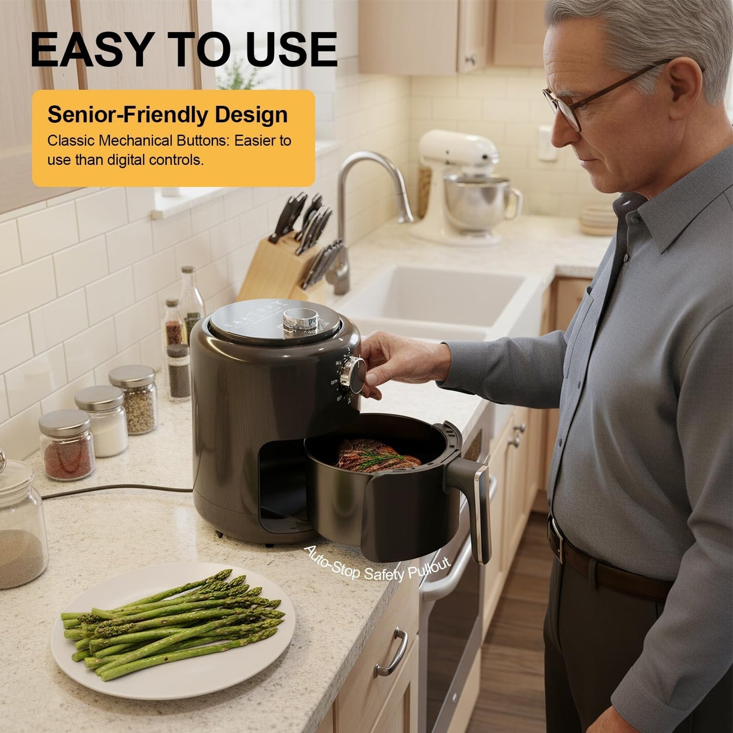 Compact 2QT Air Fryer - 4-in-1 Mini Cooker, Bake, Roast, Reheat, 98% Less Oil, T2