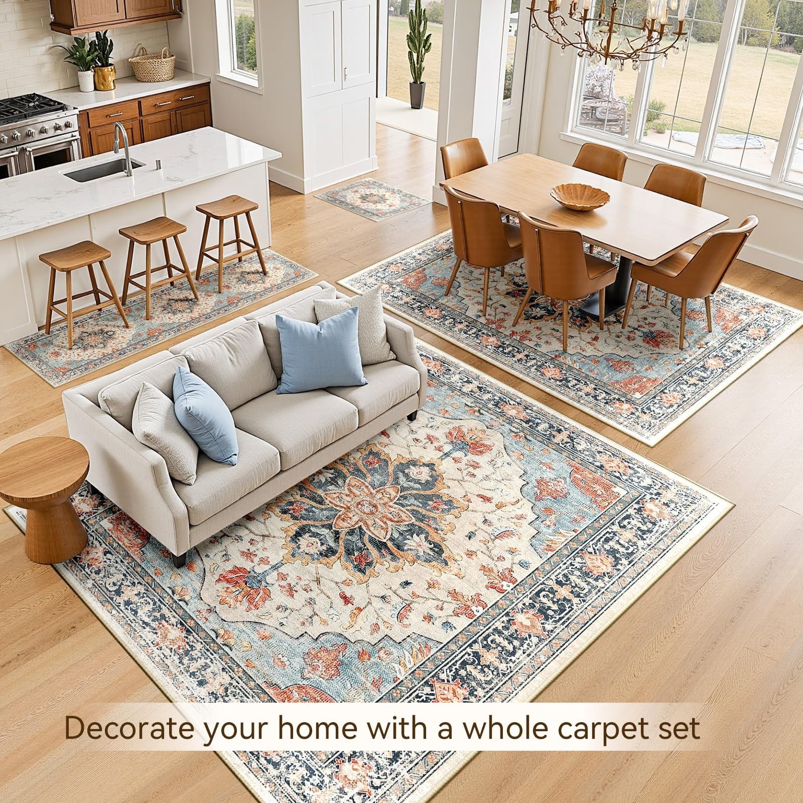 Washable 8'x10' Area Rug   Non Slip, Water Repellent, Pet Friendly, Vintage Flor3