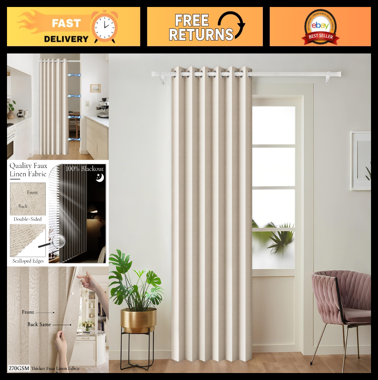 Thermal Insulated Blackout Pleated Curtains with Magnetic Closure, 1 Panel 45x720