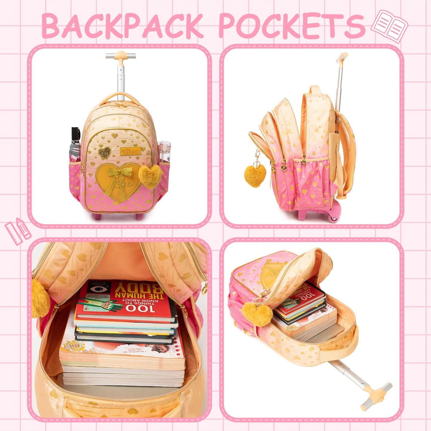 Rolling Backpack for Girls   Kids Wheeled Backpack with Lunch Box, 3 in 1 Travel3