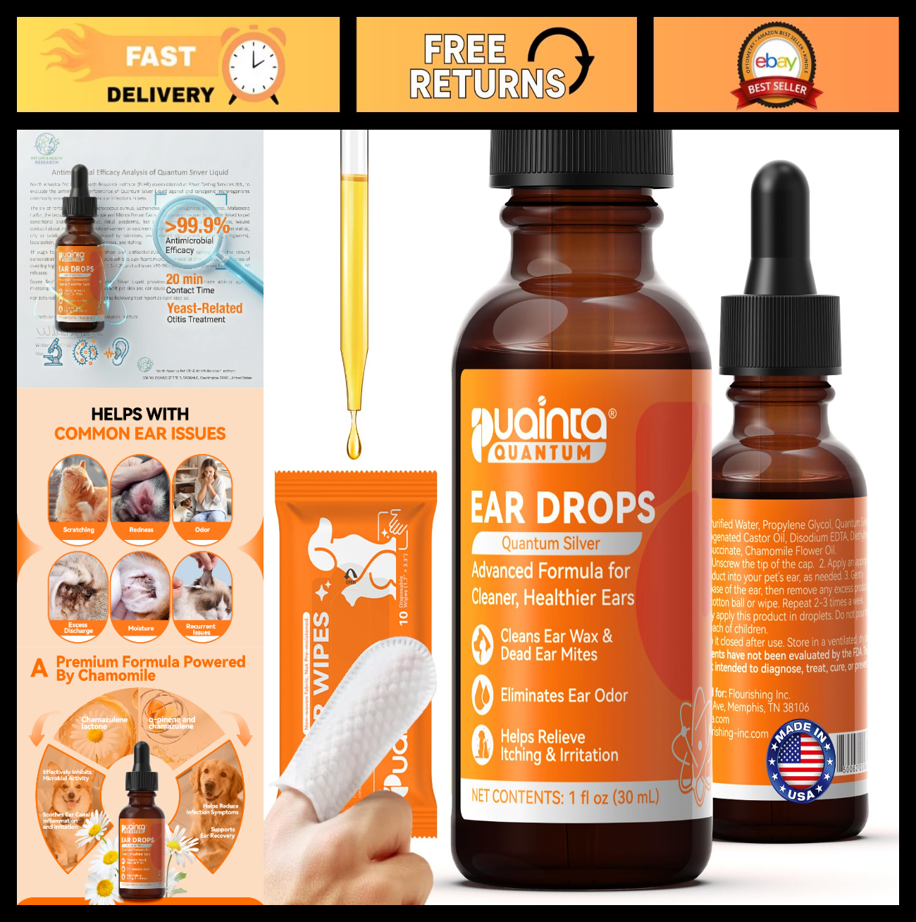 Dog Ear Cleaner Drops - Infection Treatment, Water-Based, Soothes Itching & Irri0