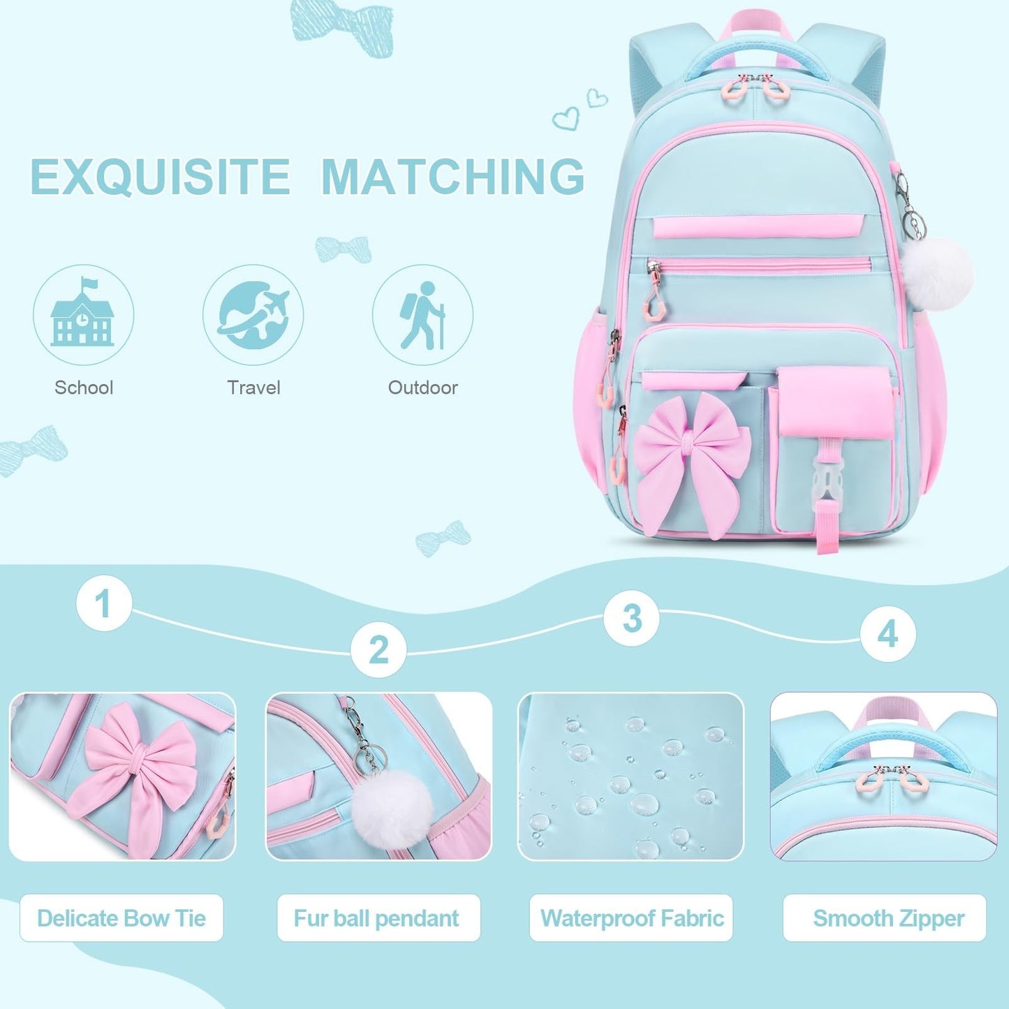 Cute Girls Backpack Set with Lunch Bag & Pencil Case   Stylish School Bag for Ki5
